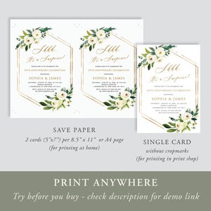 Puede incluir: Tres tarjetas de invitaci&oacute;n con dise&ntilde;os florales y geom&eacute;tricos dorados. El texto dice "Shhh... It's a Surprise!" y anuncia una celebraci&oacute;n del 50 aniversario para Sophia & James. Las tarjetas est&aacute;n disponibles en diferentes formatos.