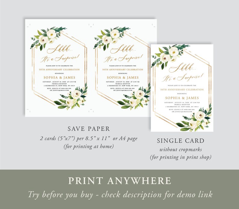 Puede incluir: Tres tarjetas de invitaci&oacute;n con dise&ntilde;os florales y geom&eacute;tricos dorados. El texto dice "Shhh... It's a Surprise!" y anuncia una celebraci&oacute;n del 50 aniversario para Sophia & James. Las tarjetas est&aacute;n disponibles en diferentes formatos.