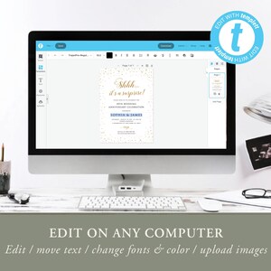 K&ouml;nnte beinhalten: Ein Computermonitor zeigt eine Vorlage f&uuml;r eine Hochzeitsjubil&auml;umseinladung mit goldenem Text und Konfetti. Auf der Einladung steht "Shhh... it's a surprise!" und die Namen Sophia & James. Eine Tastatur, Maus und andere B&uuml;romaterialien sind ebenfalls zu sehen.