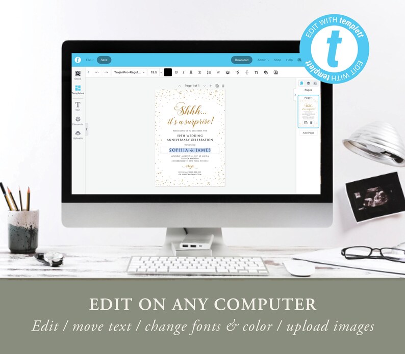 K&ouml;nnte beinhalten: Ein Computermonitor zeigt eine Vorlage f&uuml;r eine Hochzeitsjubil&auml;umseinladung mit goldenem Text und Konfetti. Auf der Einladung steht "Shhh... it's a surprise!" und die Namen Sophia & James. Eine Tastatur, Maus und andere B&uuml;romaterialien sind ebenfalls zu sehen.