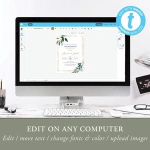 May include: A computer monitor displays a wedding invitation template with gold accents and botanical illustrations. The invitation reads "Jessica & Jacob" and includes the date. The screen also shows the text "EDIT ON ANY COMPUTER".