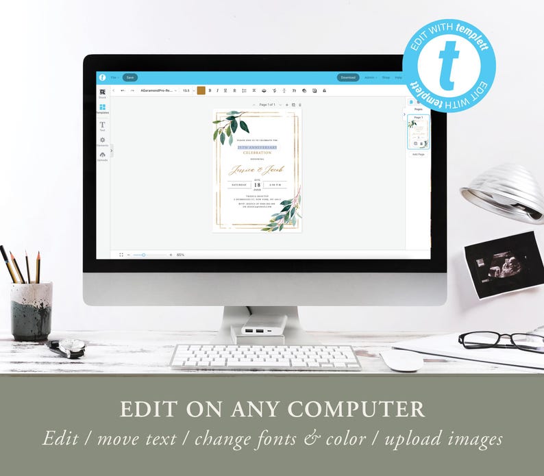 May include: A computer monitor displays a wedding invitation template with gold accents and botanical illustrations. The invitation reads "Jessica & Jacob" and includes the date. The screen also shows the text "EDIT ON ANY COMPUTER".