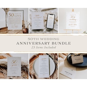 Puede incluir: Una colección de papelería para el aniversario de bodas, que incluye letreros, tarjetas y menús. Los artículos presentan texto dorado y confeti sobre un fondo blanco o crema. El texto incluye "50 años de amor" y "50 aniversario de bodas".