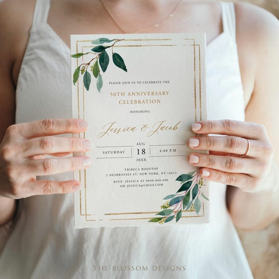 Greenery 50th Anniversary Invitation, Gold Anniversary Invite Printable, Editable Template (Digital Download), LAC06