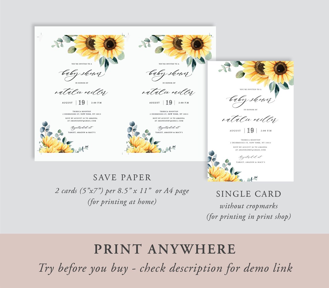 Sunflower Baby Shower Invitation Template Printable Baby | Etsy