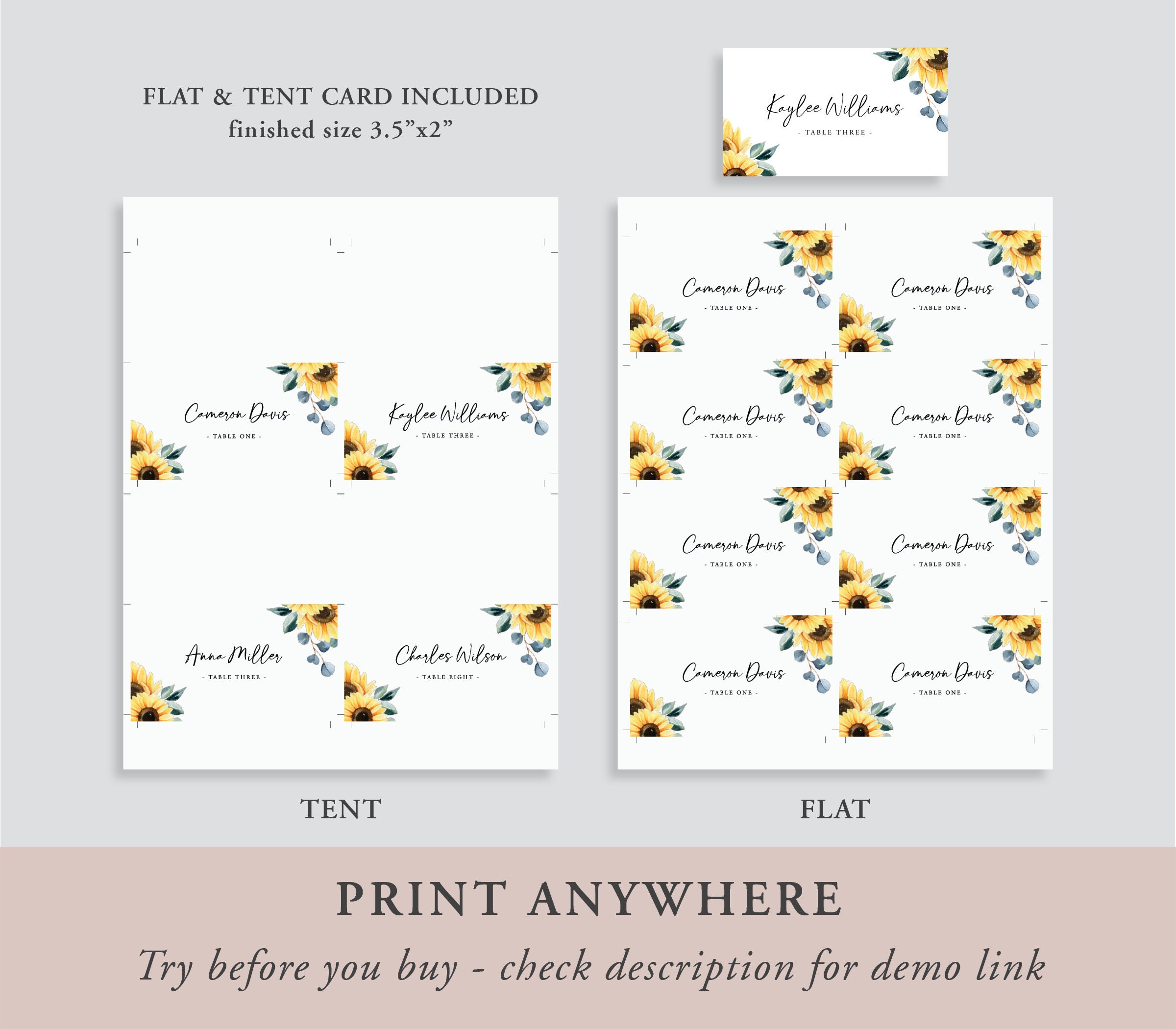 Sunflower Place Card Template Printable Place Card Wedding | Etsy