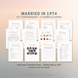 50 周年記念ゲーム バンドル、記念パーティー ゲーム 印刷可能、1974 年に結婚したゲーム セット、12 個のゲームを含む、即時ダウンロード、GAC37e