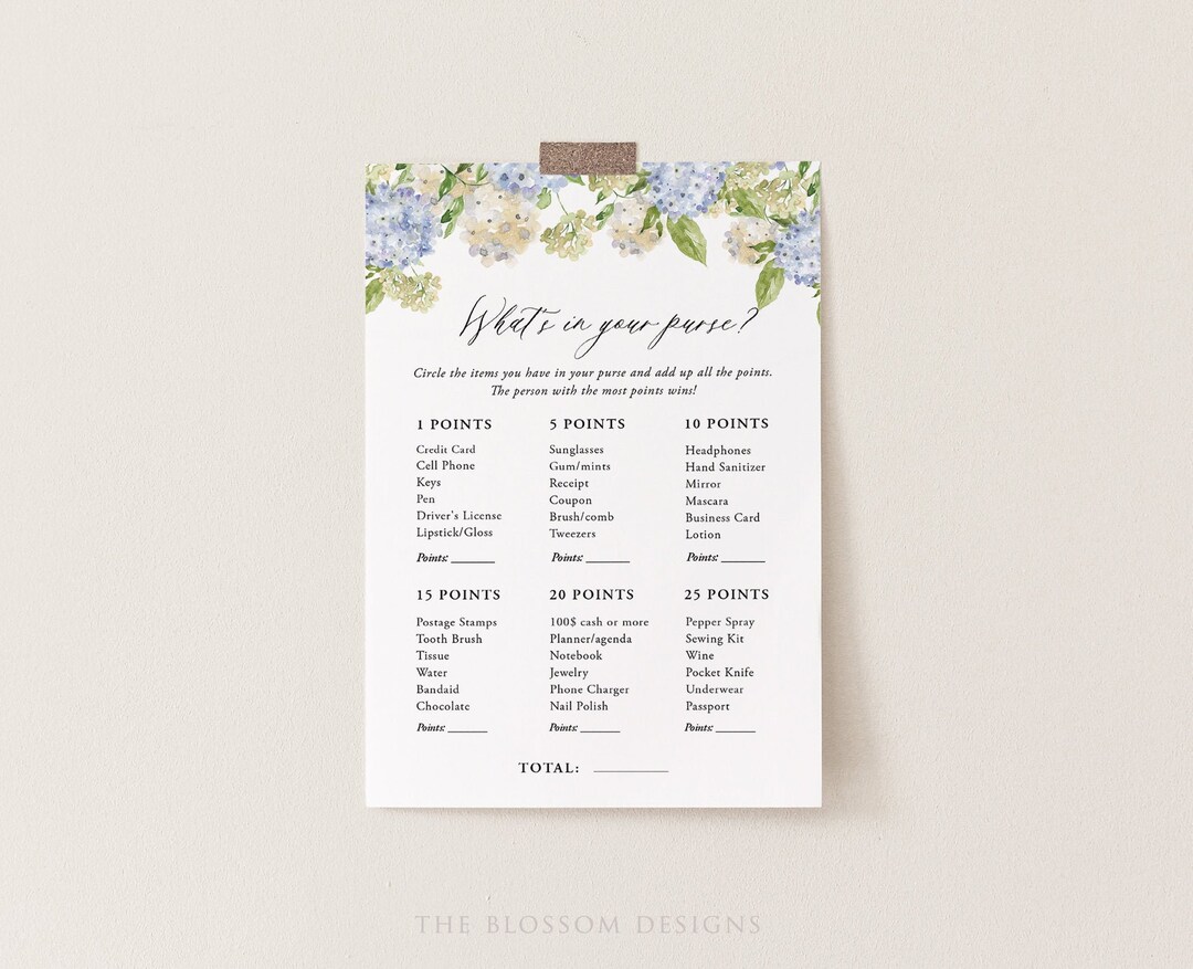 What's in Your Purse Bridal Shower Game, Hydrangea Bridal Shower Game ...
