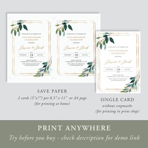May include: Elegant wedding anniversary invitations with gold frames, botanical accents, and the names Jessica & Jacob. The invitations are available as single cards or two cards per 8.5" x 11" sheet. The text reads "25th Anniversary Celebration."
