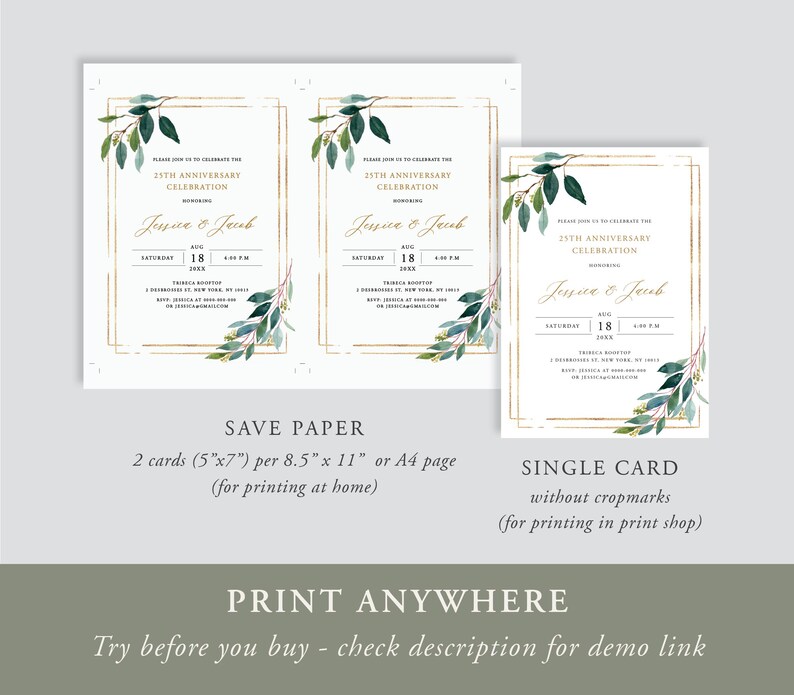 May include: Elegant wedding anniversary invitations with gold frames, botanical accents, and the names Jessica & Jacob. The invitations are available as single cards or two cards per 8.5" x 11" sheet. The text reads "25th Anniversary Celebration."