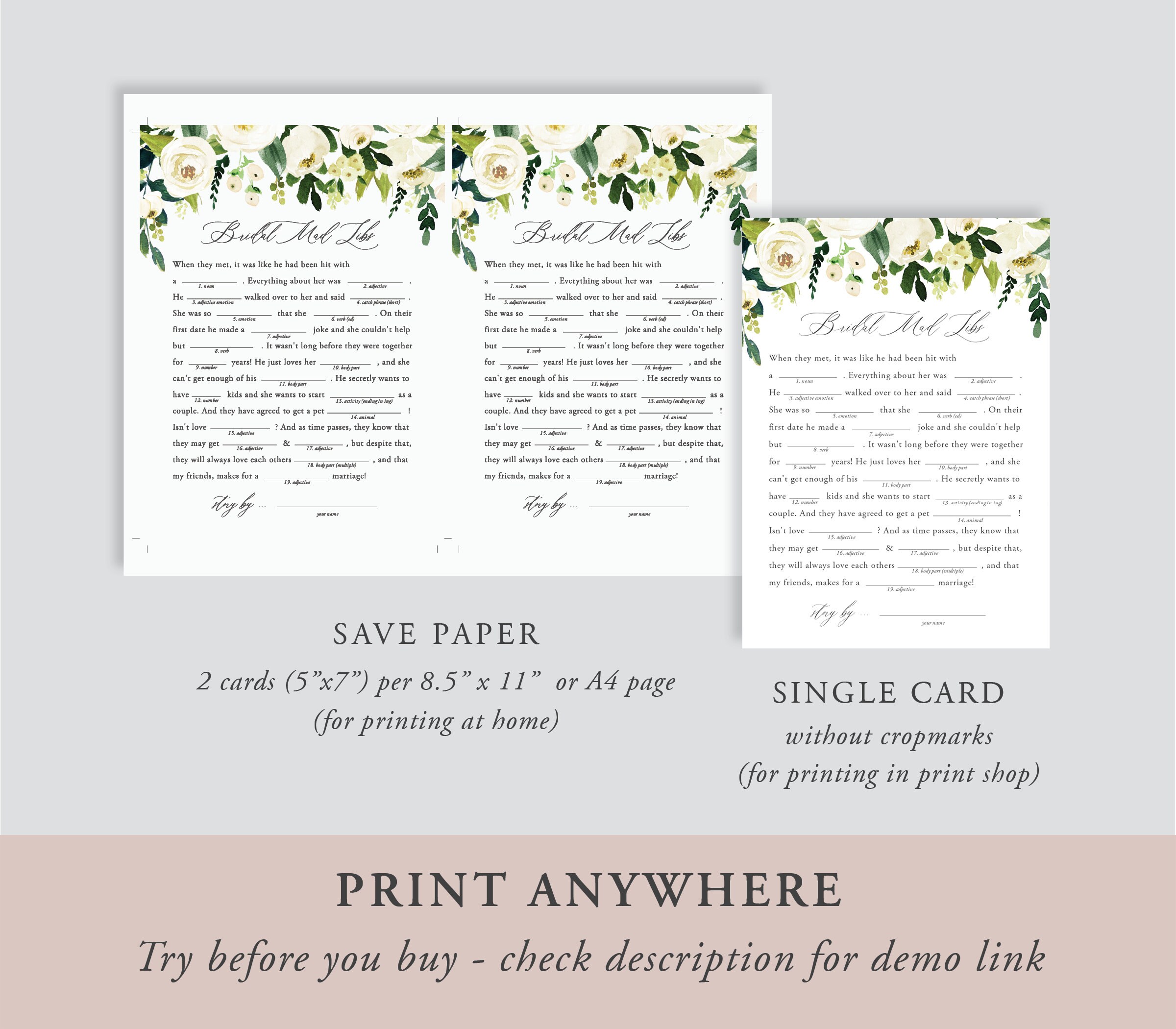 Mad Libs Bridal Shower Game Template Printable Bridal Shower - Etsy Canada