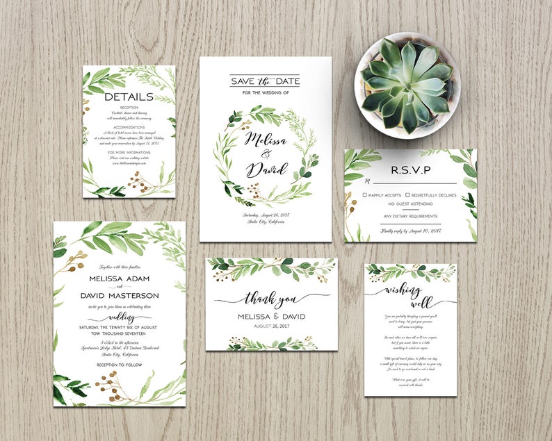 Printable Save the Date Card Save the date template Green Leaves Rustic Wedding Greenary Save the date template Rustic save the date