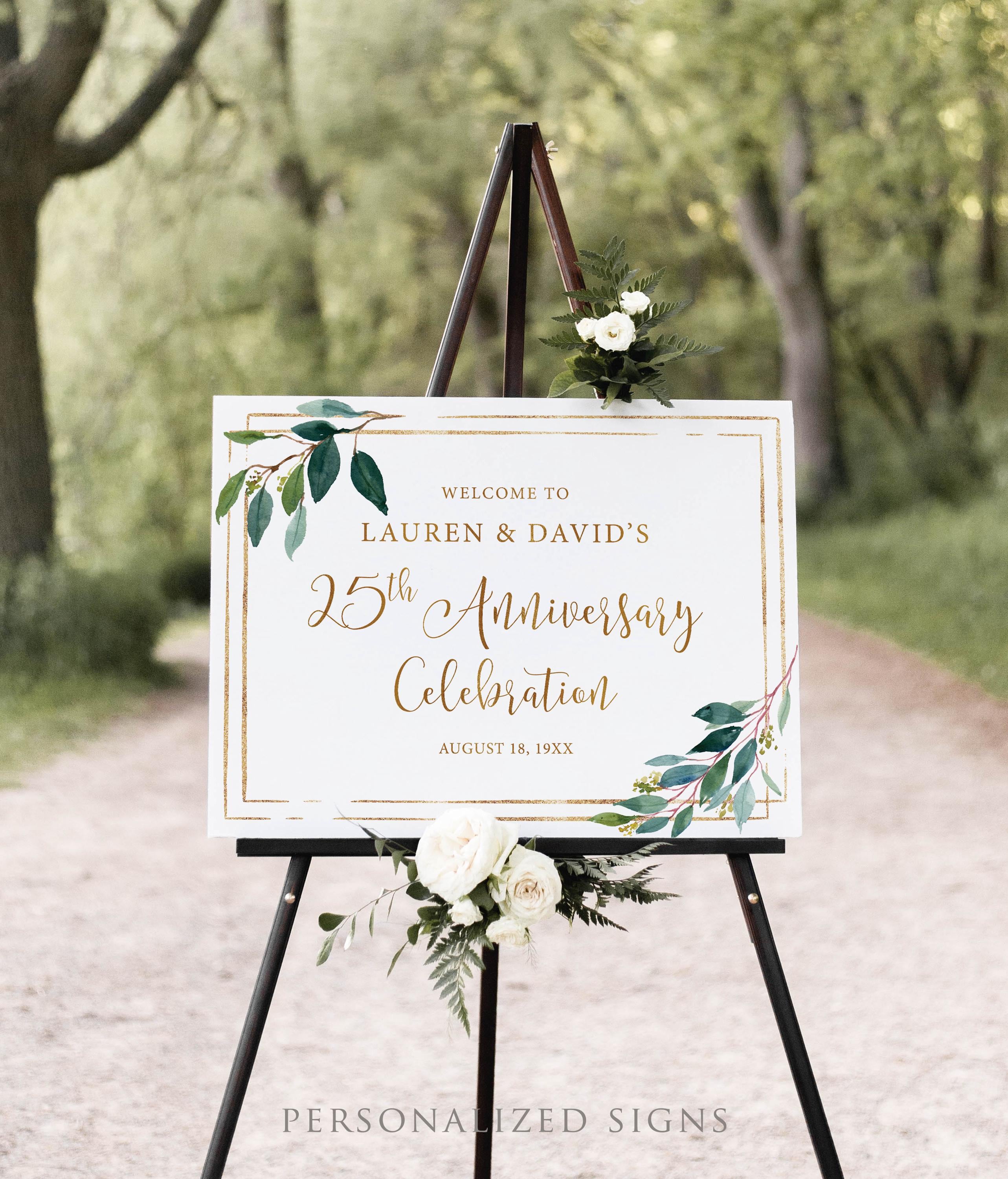 Greenery 25th Anniversary Welcome Sign, Silver Wedding Poster