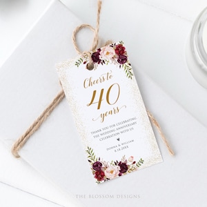 Etichette per bomboniere per il 40° anniversario, etichetta floreale bordeaux stampabile, modello modificabile (download digitale), BAC55