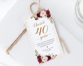 40th Anniversary Favor Tags, Burgundy Floral Tag Printable, Editable Template (Digital Download), BAC55