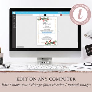 May include: A computer screen displaying a menu template with a festive holiday theme. The menu is decorated with red berries and green leaves. The text on the screen reads "Menu", "Starter", "Main Course", "Dessert", and "Edit on any computer".