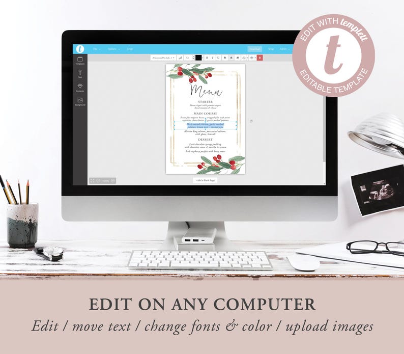 May include: A computer screen displaying a menu template with a festive holiday theme. The menu is decorated with red berries and green leaves. The text on the screen reads "Menu", "Starter", "Main Course", "Dessert", and "Edit on any computer".