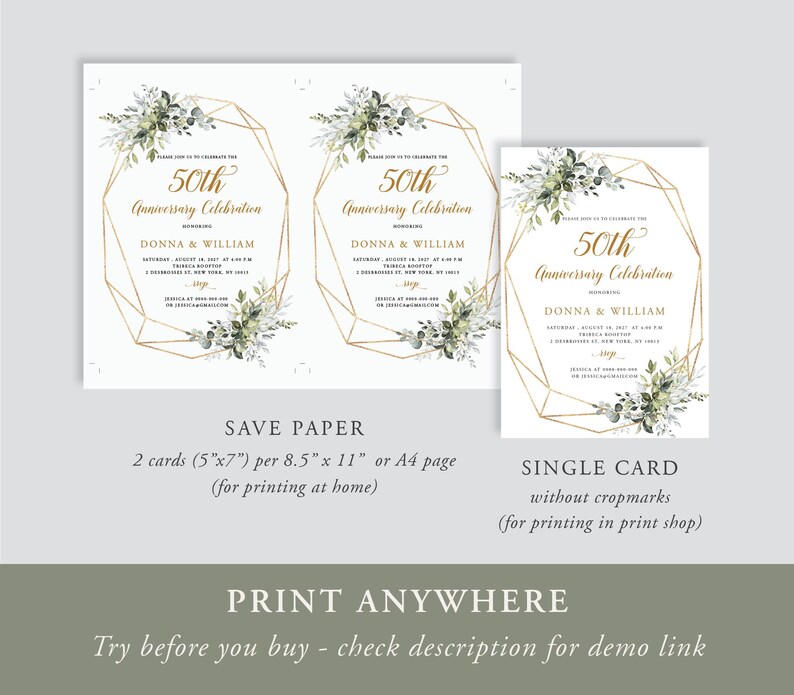 50th Anniversary Invitation, Greenery Wedding Invite, Golden Anniversary Printable, Editable Template, EAC195 image 6