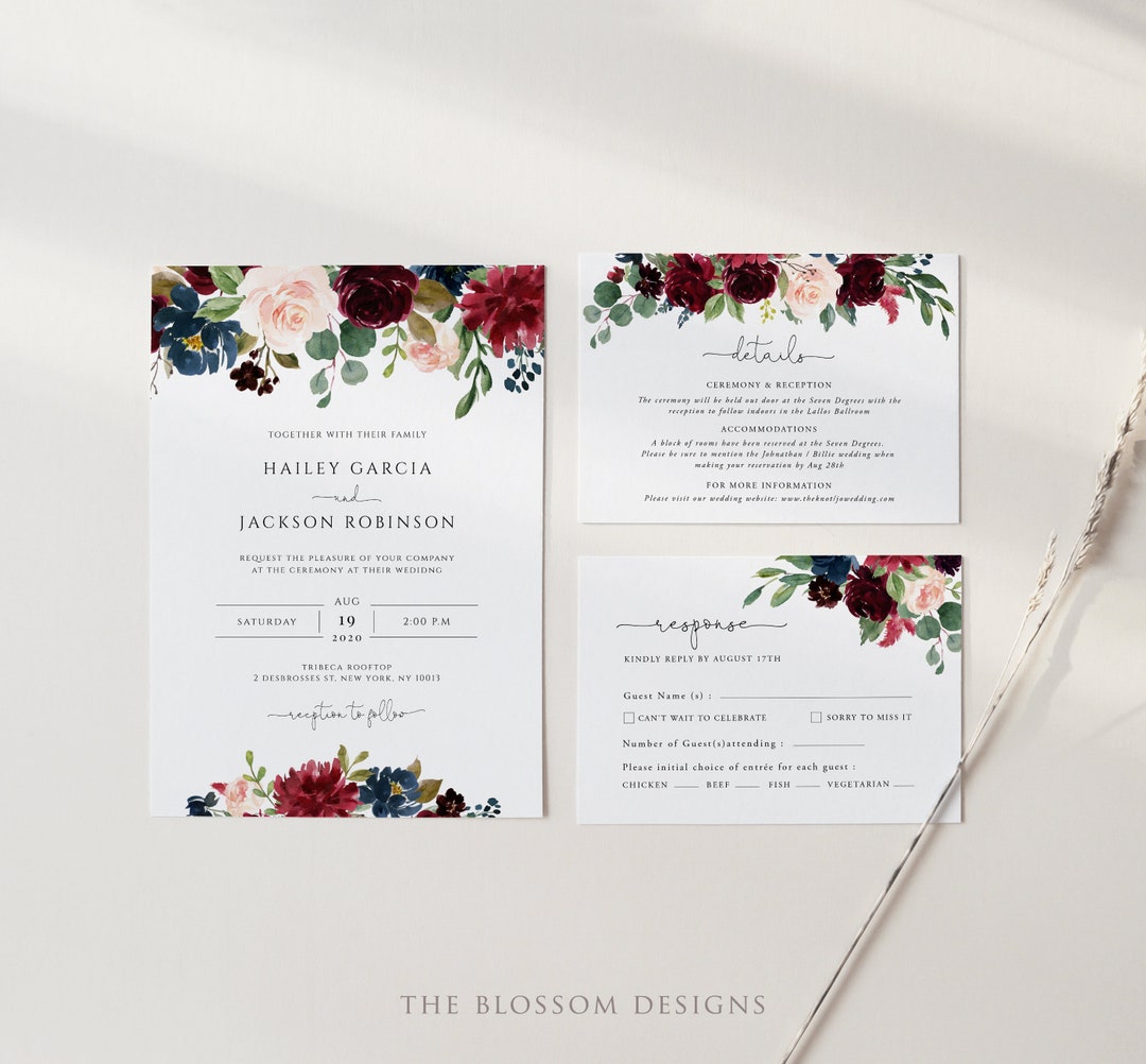 Burgundy Wedding Invitation Template, Wedding Invitation Suite, Navy