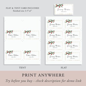 May include: Printable Christmas table cards with a festive holly and berry design. The cards are available in both flat and tent styles and measure 3.5 inches by 2 inches.