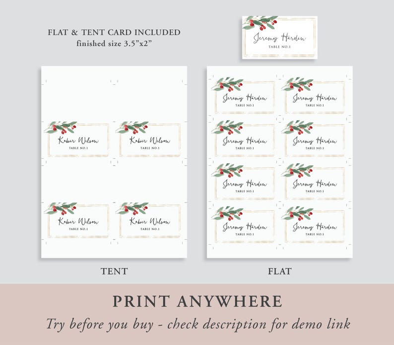 May include: Printable Christmas table cards with a festive holly and berry design. The cards are available in both flat and tent styles and measure 3.5 inches by 2 inches.