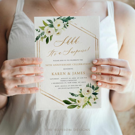 Surprise 50th Anniversary Invitation, White Floral Printable, Editable Template (Digital Download), WAC150