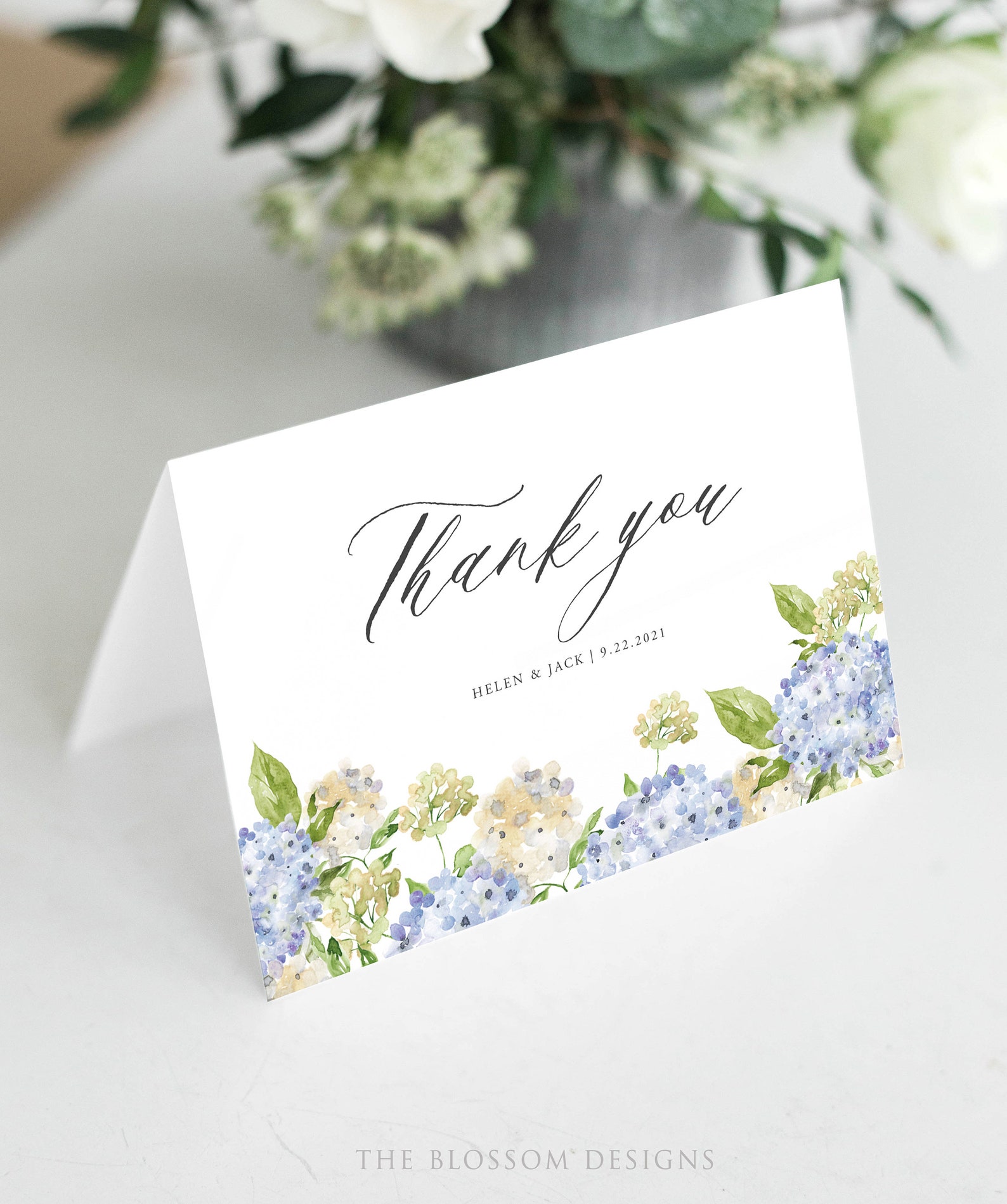 Hydrangea Thank You Card Template, Blue Floral Folded Card Printable ...