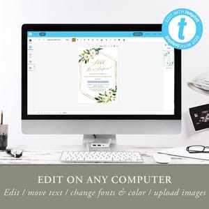 Puede incluir: Una pantalla de ordenador muestra una plantilla de invitaci&oacute;n digital. La invitaci&oacute;n presenta un marco geom&eacute;trico dorado, detalles florales y el texto "It's a Surprise!". La pantalla tambi&eacute;n muestra opciones de edici&oacute;n. Se incluye el texto "EDIT ON ANY COMPUTER".