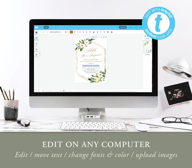 Puede incluir: Una pantalla de ordenador muestra una plantilla de invitaci&oacute;n digital. La invitaci&oacute;n presenta un marco geom&eacute;trico dorado, detalles florales y el texto "It's a Surprise!". La pantalla tambi&eacute;n muestra opciones de edici&oacute;n. Se incluye el texto "EDIT ON ANY COMPUTER".