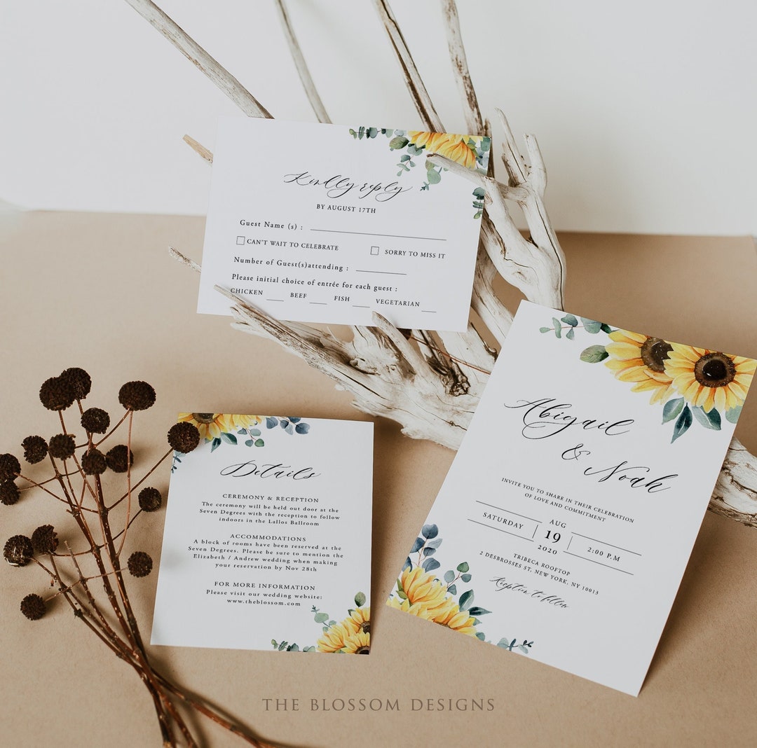 Sunflower Wedding Invitation Template, Wedding Invitation Suite