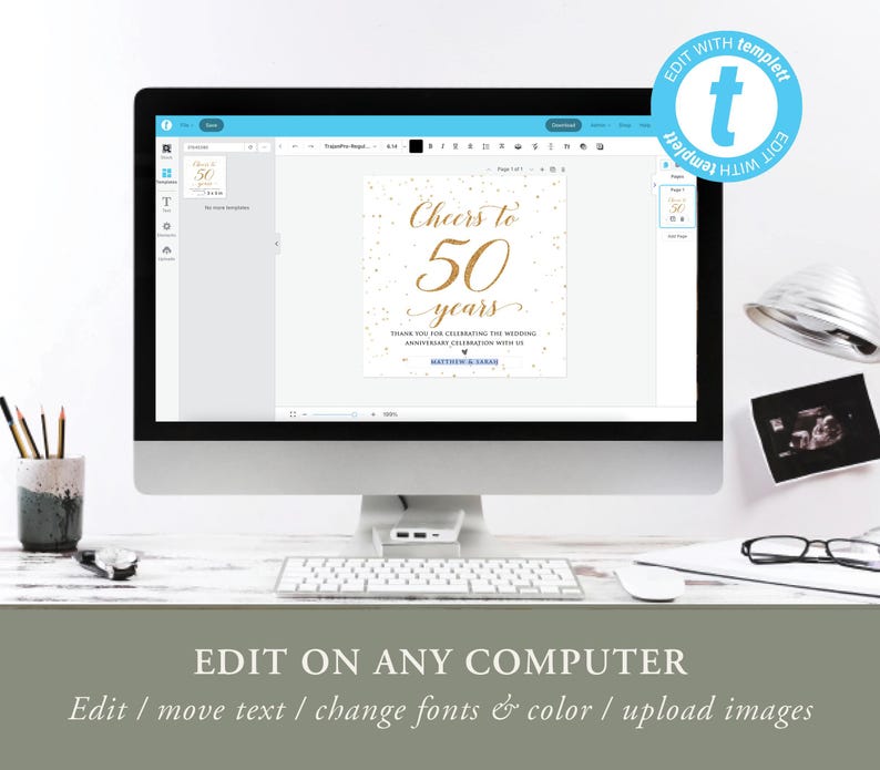 May include: A computer monitor displays a wedding anniversary invitation template. The invitation reads "Cheers to 50 years" in gold script. The screen also shows editing options. The image includes a keyboard, mouse, and other office supplies.