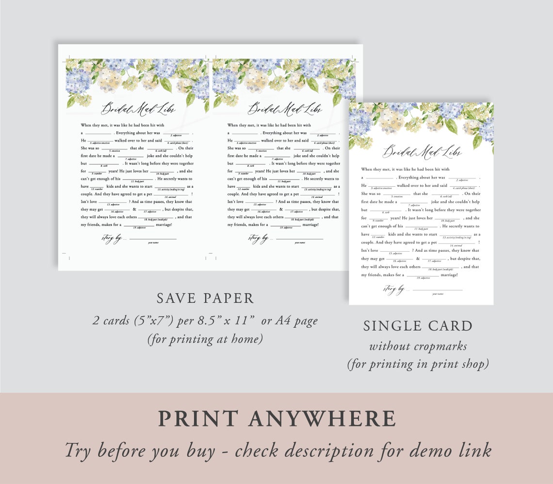 Mad Libs Bridal Shower Game Template Printable Bridal Shower - Etsy