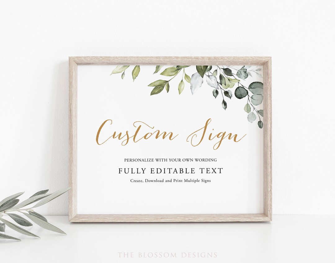 Greenery Wedding Sign Template, Custom Sign Printable, Create Unlimited ...