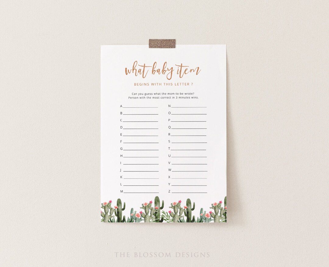 A to Z Baby Shower Game, What Baby Item Game, Baby Shower Game, Cactus Baby Shower DIY Game