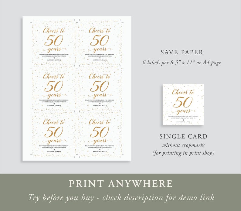 50th Anniversary Favors Label, Gold Confetti, Editable Template (Digital Download), GAC360 image 2