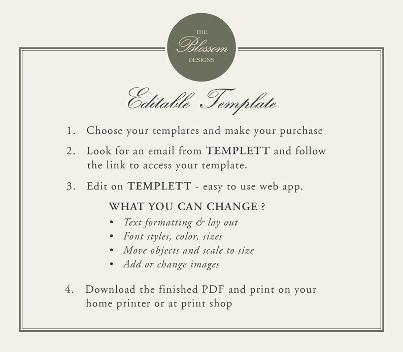 May include: An off-white template with a dark green circular logo that reads "The Blossom Designs." The text "Editable Template" is above a numbered list of instructions. The instructions detail how to choose, edit, and download a template.