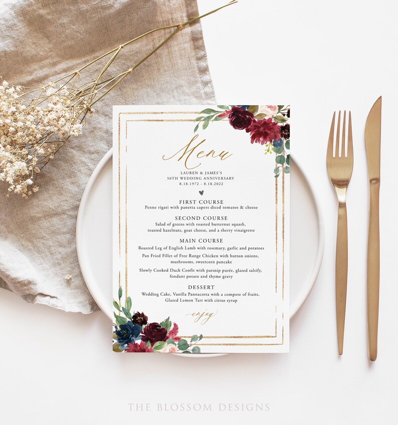 Burgundy Menu Template Wedding Anniversary Menu Gold - Etsy