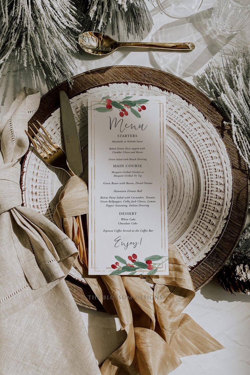 May include: A white menu card with a festive holiday theme. The menu features starters, main course, dessert, and espresso coffee. The card is decorated with a red and green holly sprig.