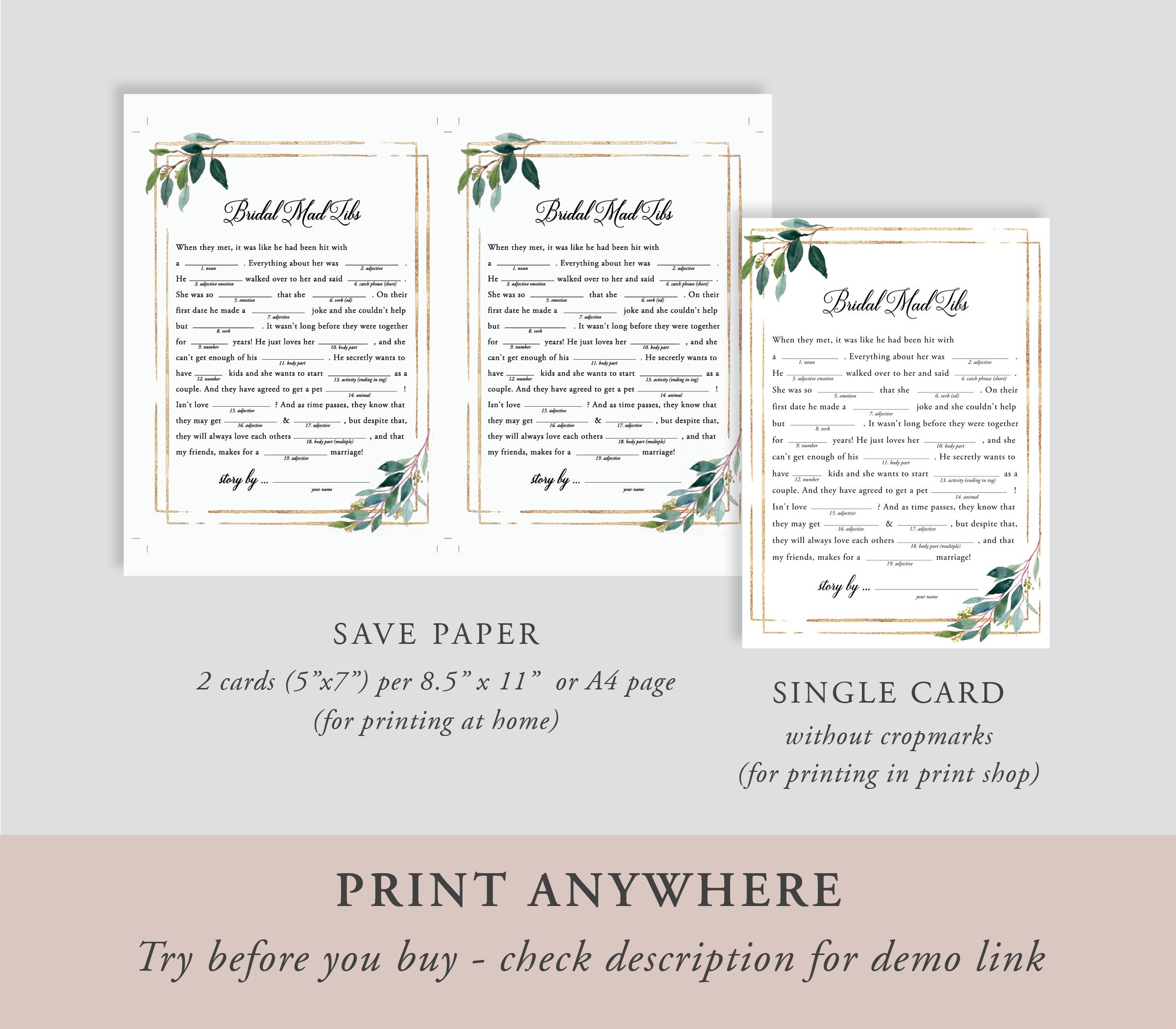 Mad Libs Bridal Shower Game Template Printable Bridal Shower | Etsy