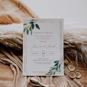 May include: A rectangular invitation card with gold trim and botanical accents. The card reads "25th Anniversary Celebration" and includes the names "Jessica & Jacob", along with the date and time. The card is decorated with green and blue watercolor leaves.