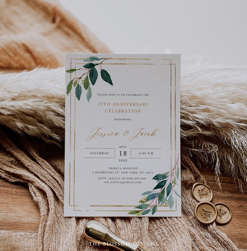 May include: A rectangular invitation card with gold trim and botanical accents. The card reads "25th Anniversary Celebration" and includes the names "Jessica & Jacob", along with the date and time. The card is decorated with green and blue watercolor leaves.