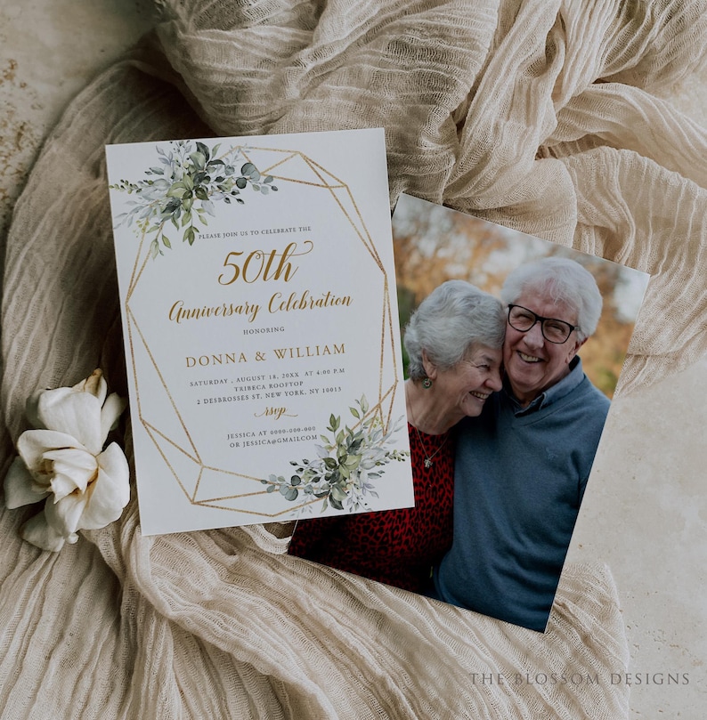 50th Anniversary Invitation, Greenery Wedding Invite, Golden Anniversary Printable, Editable Template, EAC195 image 4
