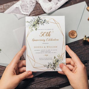 50th Anniversary Invitation, Greenery Wedding Invite, Golden Anniversary Printable, Editable Template, EAC195 image 2