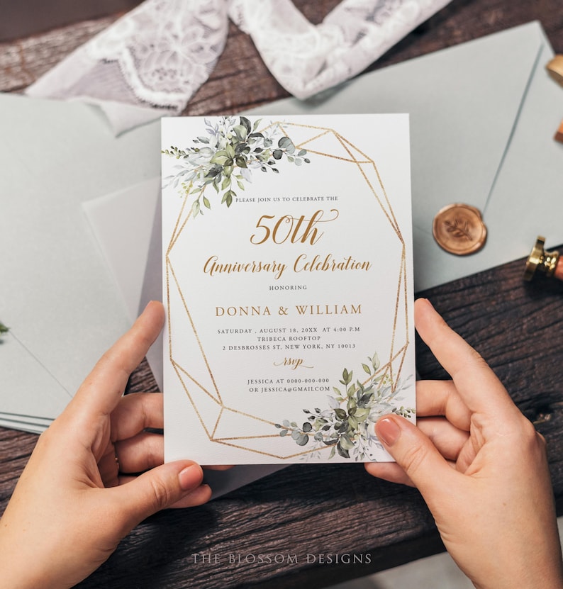 50th Anniversary Invitation, Greenery Wedding Invite, Golden Anniversary Printable, Editable Template, EAC195 image 2