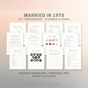 Paquete de juegos del 50.° aniversario, juegos imprimibles para fiestas de aniversario, juego de casamiento de 1975, 12 juegos incluidos, descarga instantánea, GAC37f