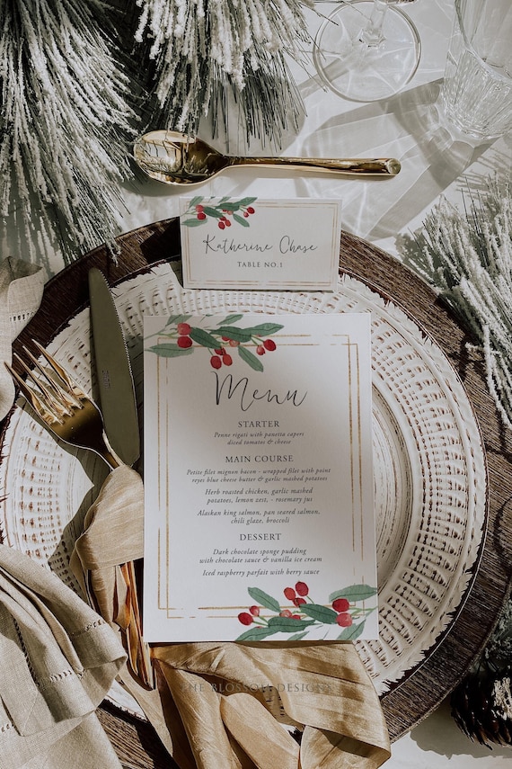 Christmas Party Dinner Bundle, Christmas Menu Card Template, Christmas Place Card, Christmas Dinner Table Template, Editable Template, CM59