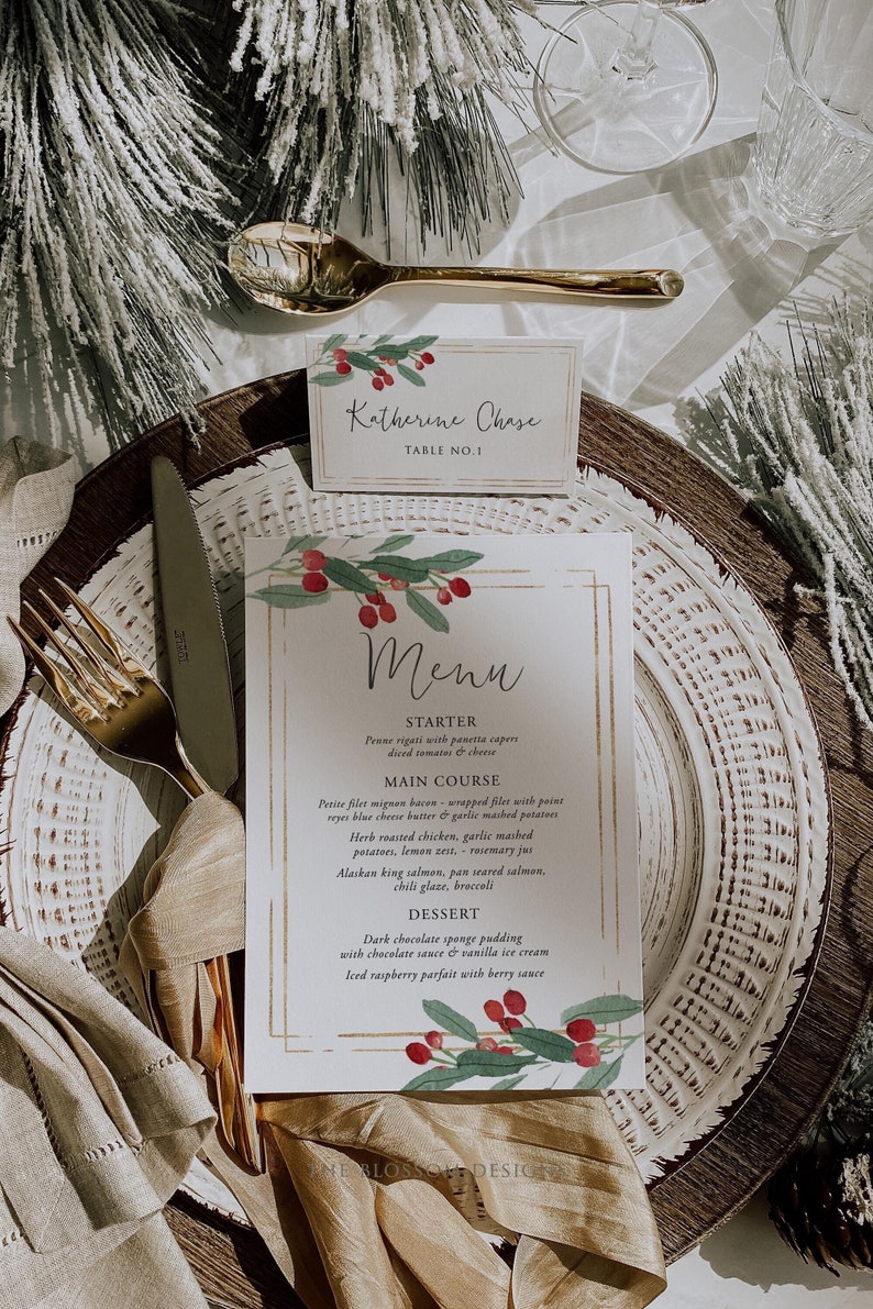 Christmas Party Dinner Bundle, Christmas Menu Card Template, Christmas Place Card, Christmas Dinner Table Template