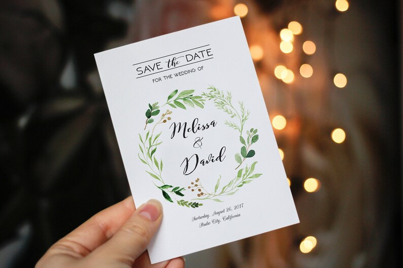 Printable Save the Date Card Save the date template Green Leaves Rustic Wedding Greenary Save the date template Rustic save the date