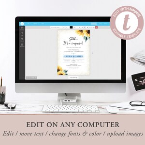 May include: A computer screen displaying a digital template for a wedding anniversary invitation. The invitation features a watercolor design with sunflowers, greenery, and a blue banner with the text "Shhh... It's a surprise!" and "14th Wedding Anniversary Celebration". The text "Laura & James" is also included on the banner. The invitation is editable and can be customized with different fonts, colors, and images.