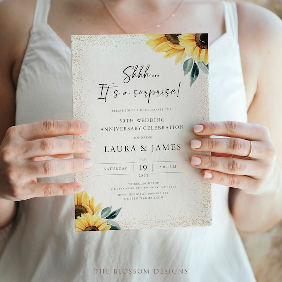 Surprise 50th Anniversary Invitation, Sunflower Invite Printable, Editable Template (Digital Download), SAC156